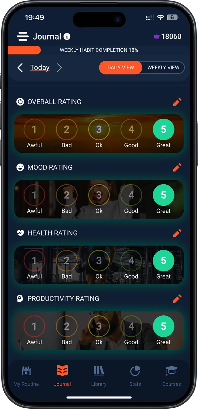 Ultiself Journal screen with daily ratings
