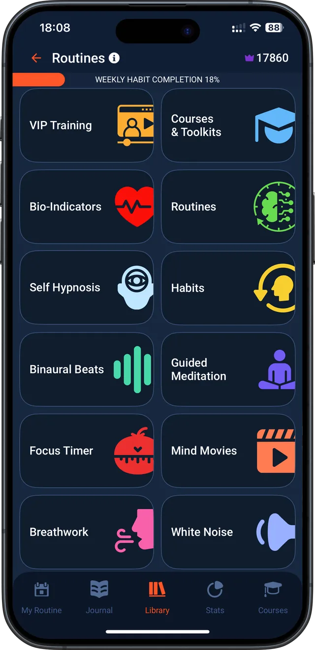 Ultiself Library screen with routines and tools